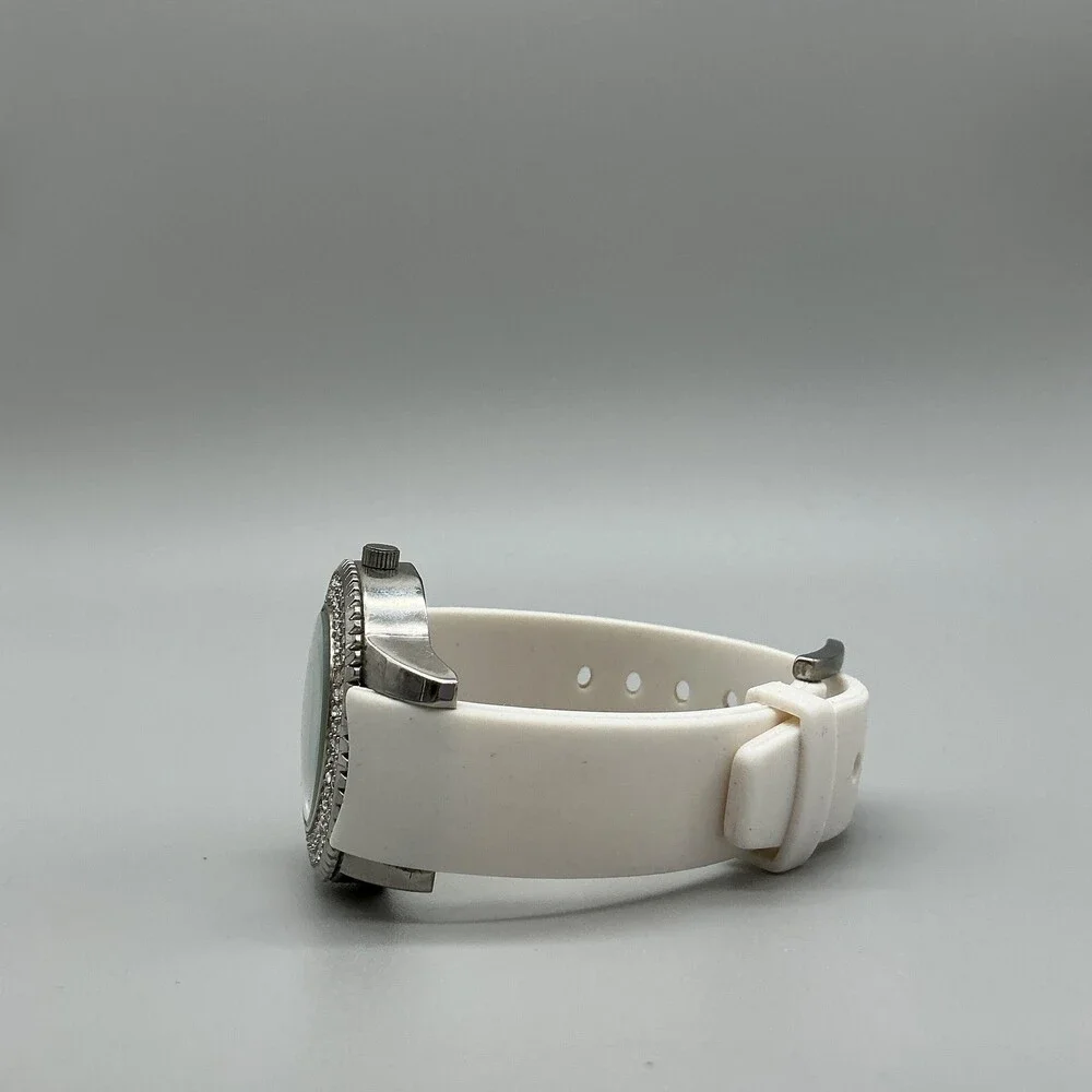 BORA Womens Watch 39mm Silver Tone White Silicone Crystals New Battery